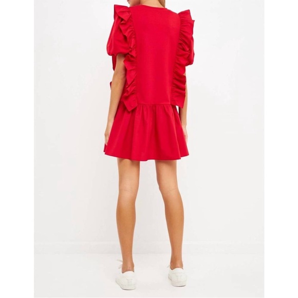 English Factory Cherry Red Mixed Media with Ruffles Puff Sleeve Mini Dress Sz XS - Picture 3 of 9